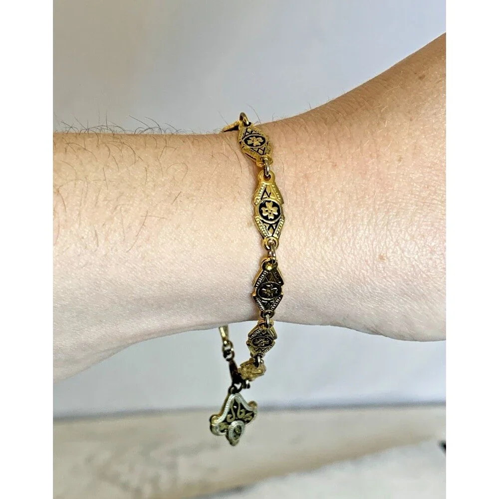 Vintage Damascene Bracelet Made In Spain Black Enamel Gold Tone Charm 7" - Picture 3 of 9